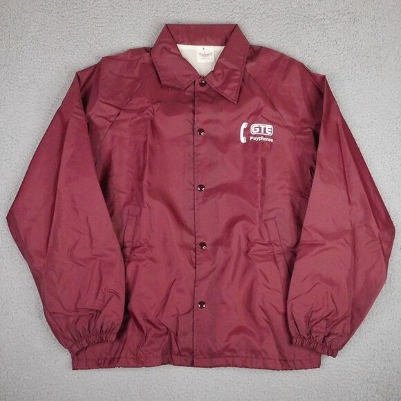 Vintage Windbreaker Snap Jacket Mens Large Maroon GTE Payphones 80s Made in USA - Picture 1 of 11